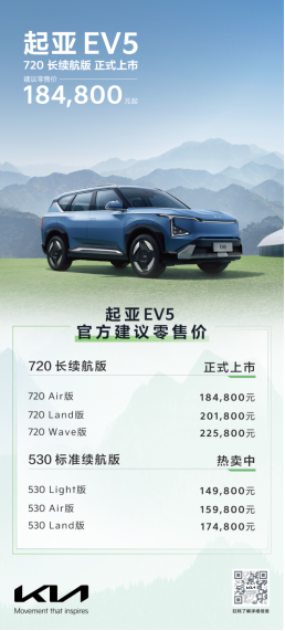 18.48万起／续航720公里 起亚EV5长续航版上市