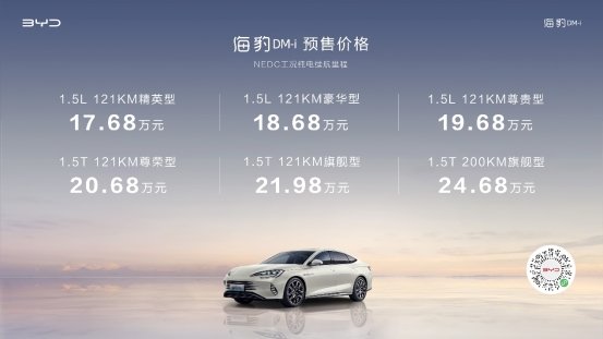 新一代主流中型轿车 比亚迪海豹DM-i正式预售 17.68万-24.68万元